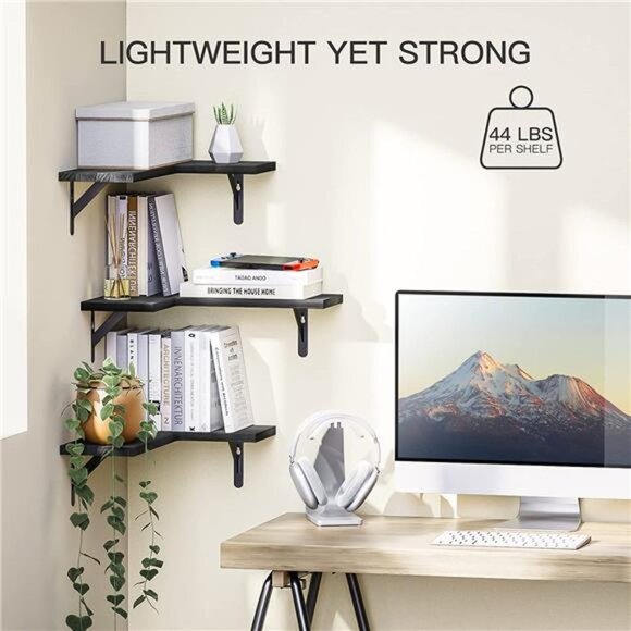 Corner Shelves Wall Mounted Set of 3, Rustic Wood Wall Shelves for Bedroom - Picture 2 of 6